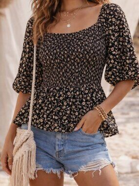 Studio B By Bobeau Black Floral Smocked Peplum Top Shirt M Cottagecore Boho